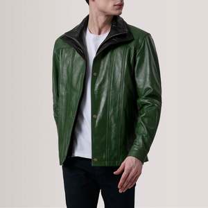 Klen Green Classic Vintage <b>Jacket</b> XS Size Cowhide Leather <b>Sheepskin</b> Zippered Closure Hooded Embroidered Pattern Casual College - Product Image 1