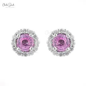 Genuine Pink Sapphire Halo Earrings 1.5mm Round Diamond Studs Earring 14k White Gold Gemstone Studs at Wholesale Supplier