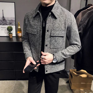 2024 automne/hiver hommes col polo laine veste mode coupe ajustée costume manteau haute qualité à carreaux Multi poches coréen hommes vestes - Product Image 1