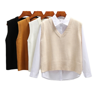 Suéter de algodón de alta calidad para mujer, suéter vasto sin mangas para mujer, jersey con cuello en V, Tops cortos holgados para primavera y otoño para mujer - Product Image 1