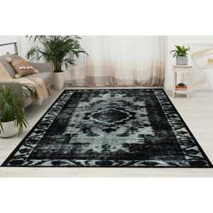 Black and White Ethnic Rug: Geometric Persian Style, Corridor Rug,Nonwoven Thin Rug - Product Image 1