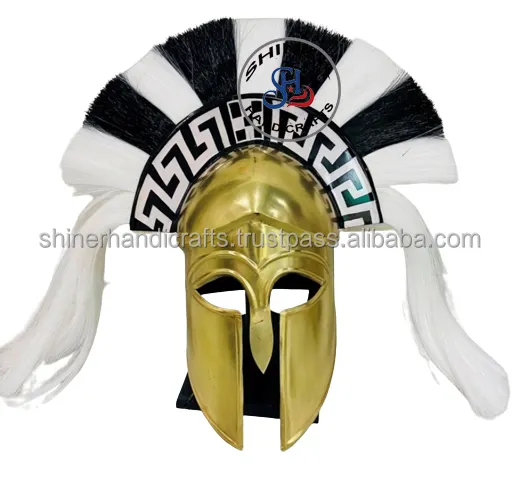 Messing Afwerking Pantser Griekse Corinthische Helm 18 Gauge Stalen Messing Wit En Zwarte Pluim Met Houten Stand Middeleeuwse Helm Kostuum