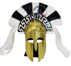 Brass Finish Armor Greek Corinthian Helmet 18 Gauge Steel Brass White & Black Plume With Wooden Stand Medieval Helmet Costume