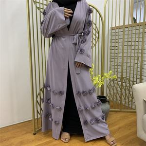 2023 dubaï musulman femmes lin Abaya Satin doublé Ramadan Eid Caftan avec imprimé Hijab robe ouvert devant caftan Islam vêtements - Product Image 2