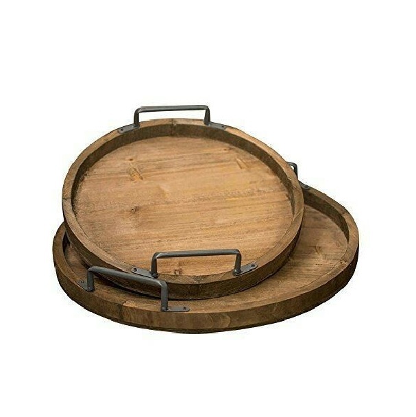 Set Of Two Round Shaped Wooden Decorative Tray With Black Antique Touched Border for Luxury Tableware