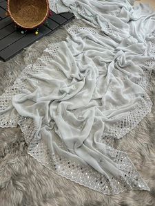 Sari en soie géorgette pure avec travail de perles, saris en miroir véritable avec pièces de blouse pour femmes - Product Image 6