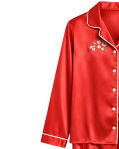 Manufacturer <b>Women</b> Red Embroidered Satin <b>Silk</b> <b>Pajama</b> Set Button Down Long Sleeve Sleepwear Luxury Soft Nightwear Loungewear - Product Image 3