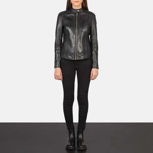 Kelsee Stand Collar <b>Biker</b> <b>Jacket</b> in Black Leather for Autumn - Product Image 4