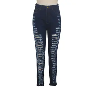 New Fashion 2022 Fall Stretch Hollow Out High Waist Washed Ladies Skinny Denim Jeans Pants For Women