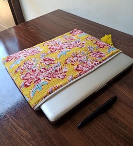 Indian Hand Block Print Quilted Sling <b>Laptop</b> <b>Sleeve</b> Durable Yellow Floral Cotton Modern Business Style Waterproof Office - Product Image 1