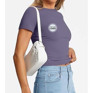 Tops de manga corta para mujer, Camiseta básica ajustada de punto acanalado con cuello redondo informal, camisas elásticas, trajes de moda de verano 2025 - Product Image 2