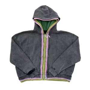 Custom Puff Print <b>Hoodie</b> 500gsm Heavyweight <b>Black</b> Acid Wash Boxy Cropped Double Triple <b>Zip</b> Layer French Terry <b>Hoodie</b> - Product Image 3