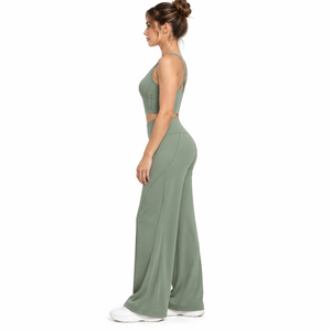 Conjunto Deportivo de Dos Piezas para Mujer: Top Corto con Espalda Cruzada y Pantalones de Pierna Ancha, Cintura Alta, para Yoga y Descanso, OEM, Marca Privada, Venta al Por Mayor - Product Image 4