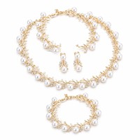 Ensemble de bijoux de mariée en alliage de zinc plaqué or, imitation perle et strass, collier, boucles d'oreilles, bracelet, 3 pièces