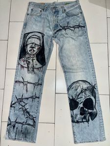 กางเกงยีนส์ผู้ชายทรงสลิมฟิตพิมพ์ลายด้วยมือป้ายผ้าเดนิมทำจากผ้าฝ้ายแนวไฮสตรีทเอวยืดได้ไซส์พิเศษ - Product Image 2