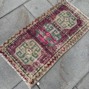 Turkish Vintage Rug 1.5x2.8 ft, <b>Red</b> Check <b>Wool</b> Rug - Product Image 1