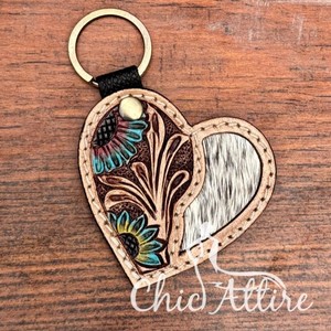 Porte-clés en cuir de vachette usiné avec marque personnalisée, porte-clés tournesol en cuir véritable, porte-clés en cuir sculpté - Product Image 1