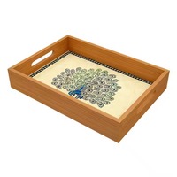 Hand gefertigte quadratische dekorative Servier platte aus Holz im böhmischen Stil mit detailliertem Mandala-Druck für den Heimgebrauch
