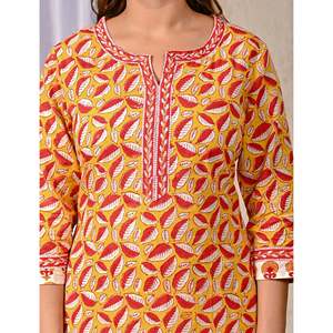 Yellow Floral Design <b>Block</b> <b>Printed</b> Cotton Anarkali Suit Latest Ethnic Salwar with Net Fabric for Party Wear Special Occasions - Product Image 2