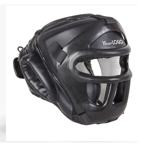 Protector de cabeza de boxeo de cara completa personalizado, casco de cuero PU negro con protección de barra para Sparring MMA Kickboxing Muay Thai Training - Product Image 1