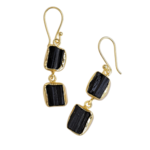 Boucles d'oreilles pendantes en tourmaline noire semi-précieuse plaquée or à double pierre pour la vente en gros, la distribution et l'approvisionnement - Product Image 4