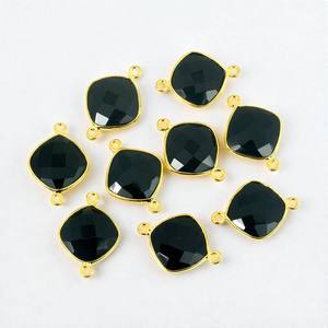 Sterling Silver Cushion <b>Black</b> <b>Onyx</b> Faceted Gemstone Charm Connector DIY Double Bail Charms - Product Image 1