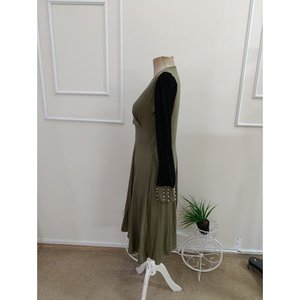 Robe midi en viscose pour femme à manches longues, col enroulé, détail manches en tulle et embellissements en perles, 37459 - Kaki - Product Image 5