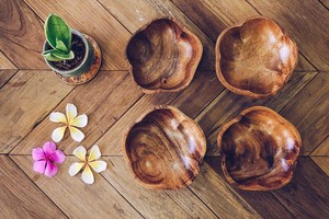 <b>Set</b> of 4 Handmade Acacia <b>Wood</b> Flower Shaped Bowls Serving <b>Set</b> Curvy Kitchen Decor Gifts - Product Image 2