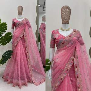 Sari de seda Organza pesado elegante con acentos de lentejuelas para bodas y ocasiones especiales con Bordado de hilo y lentejuelas - Product Image 3