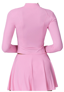 ชุดกระโปรงกีฬาผู้หญิงผ้าลูกไม้สีพื้น พร้อมแจ็คเก็ตซิปและกระดุม  ชุดออกกำลังกาย 2 ชิ้น สำหรับยิม โยคะ เทนนิส - Product Image 3