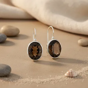 Boucles d'oreilles pendantes en argent 925 avec quartz fumé pour femmes, style vintage avec diamant taille poire, bijoux tendance en or blanc et jaune - Product Image 1