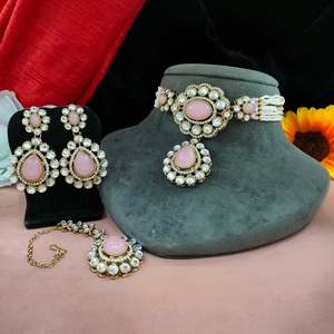 Victorian Style Zircon Moissanite Stone <b>Pearls</b> Choker Set Light Comfortable Maang Tikka for Special Fashionable Necklace - Product Image 4