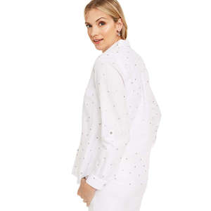Top in Lino con Motivo a Pois Charter Club per Donna, Casual con Ricamo Floreale e Colletto Arricciato, Bianco Tinta Unita, Taglia Unica-XL per l'Autunno - Product Image 2
