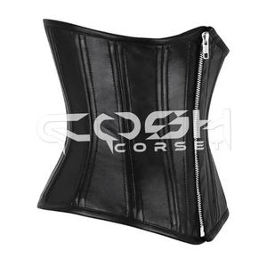 <b>Underbust</b> Black Leather Breathable Rivet 26 Double Steelboned Zipper Front Closure Gothic Corset Also Available Custom Sizes - Product Image 1