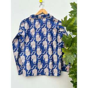 Women's Blue Animal Print Cotton Pajama Set Long Sleeve Turn-<b>Down</b> Collar Drawstring <b>Pants</b> Soft Woven Casual Sleepwear - Product Image 5