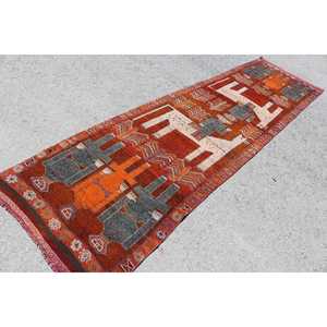 Tapis turc vintage, tapis Herki 3,2x11,4 pieds, tapis en laine rouge à motifs floraux - Product Image 2