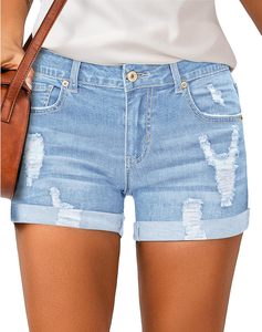 Pantalones cortos de mezclilla desgastados de cintura alta para mujer, pantalones vaqueros rasgados transpirables con cierre de cremallera con botones, puños cosidos, dobladillo enrollado para invierno - Product Image 1