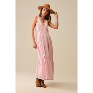 Vestido Maxi Estilo Boho Rosa con Detalles de Encaje, Cuello en V sin Mangas y Cintura Impero - Product Image 2