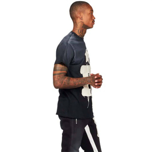 Ensemble t-shirt et pantalon pour homme en coton décontracté avec broderie usée, imprimé graphique noir, étoile et numéro, streetwear deux pièces - Product Image 2
