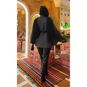 Detachable Belted <b>Button</b> Detail Hijab Cashmere Poncho Smoke Grey-for Muslims - Product Image 4