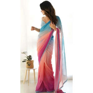 Elegante Saree de Chifón de Seda Multicolor en Tonos Pastel con Mangas de Tirantes Finos y Silueta Ajustada para Mujer en Pakistán - Product Image 2