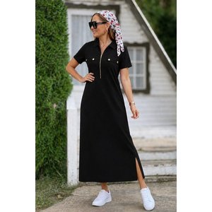 Robe longue en viscose à col et fermeture éclair, à manches courtes, pour femmes, 34659 - Noir - Product Image 3