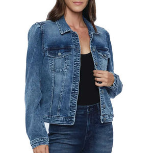 Veste en jean décontractée pour femme, lavage au sable, coton 440g, panneaux contrastés, coupe régulière, imprimé numérique, motif uni, automne - Product Image 1