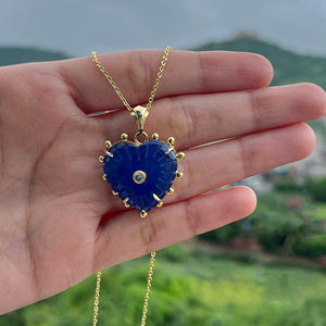 New collection heart carved blue jade pendant with mini cubic zirconia charm 18k gold plated cable chain gemstone necklace - Product Image 2