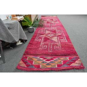 Ethnic Red Pink 2.6x10.1ft Wool <b>Rug</b> Turkish Large Area <b>Boho</b> Style Patchwork Pattern for Hallway Room 10mm Latex for Bedside - Product Image 4