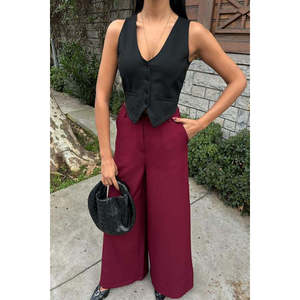 กางเกงขายาวทรงปาลาซโซเอวสูงผ้าเครปกันยับ รุ่น 0080 ทรงขากว้าง - Product Image 5