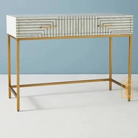 Table console de bureau Art Déco moderne et traditionnelle, faite à la main, écologique, avec incrustations en os et rayures, en gris, pour salon et usage domestique