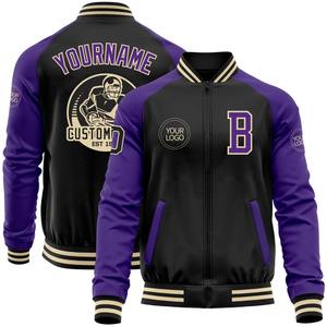 Custom <b>Black</b> Purple Bomber Varsity Letterman Two Tone Zipper Jacket <b>Windbreaker</b> Streetwear Vintage Men's Varsity Jacket - Product Image 1