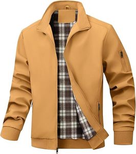Blouson aviateur d'hiver pour homme à col montant, couleur unie lavée, logo à l'avant, coupe-vent léger et décontracté, manteau zippé - Product Image 1