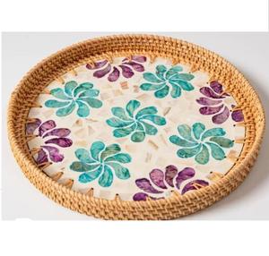 Plateau de service rond en bambou pour hôtels et cuisines domestiques, plateau de service en rotin avec incrustations d'os, prix de gros - Product Image 4